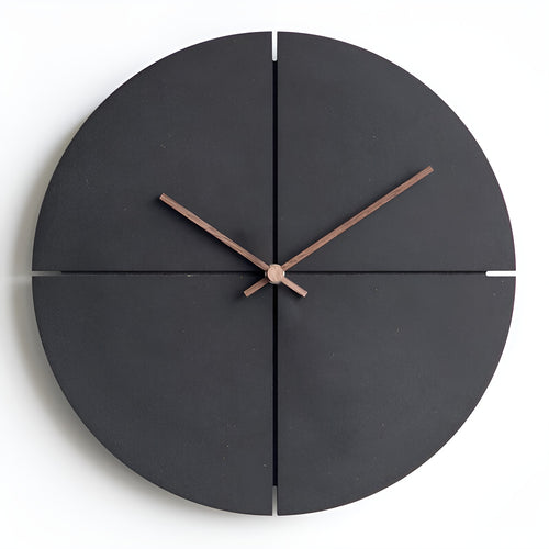 Modern minimalist dark gray round wooden quartz wall clock with copper hands