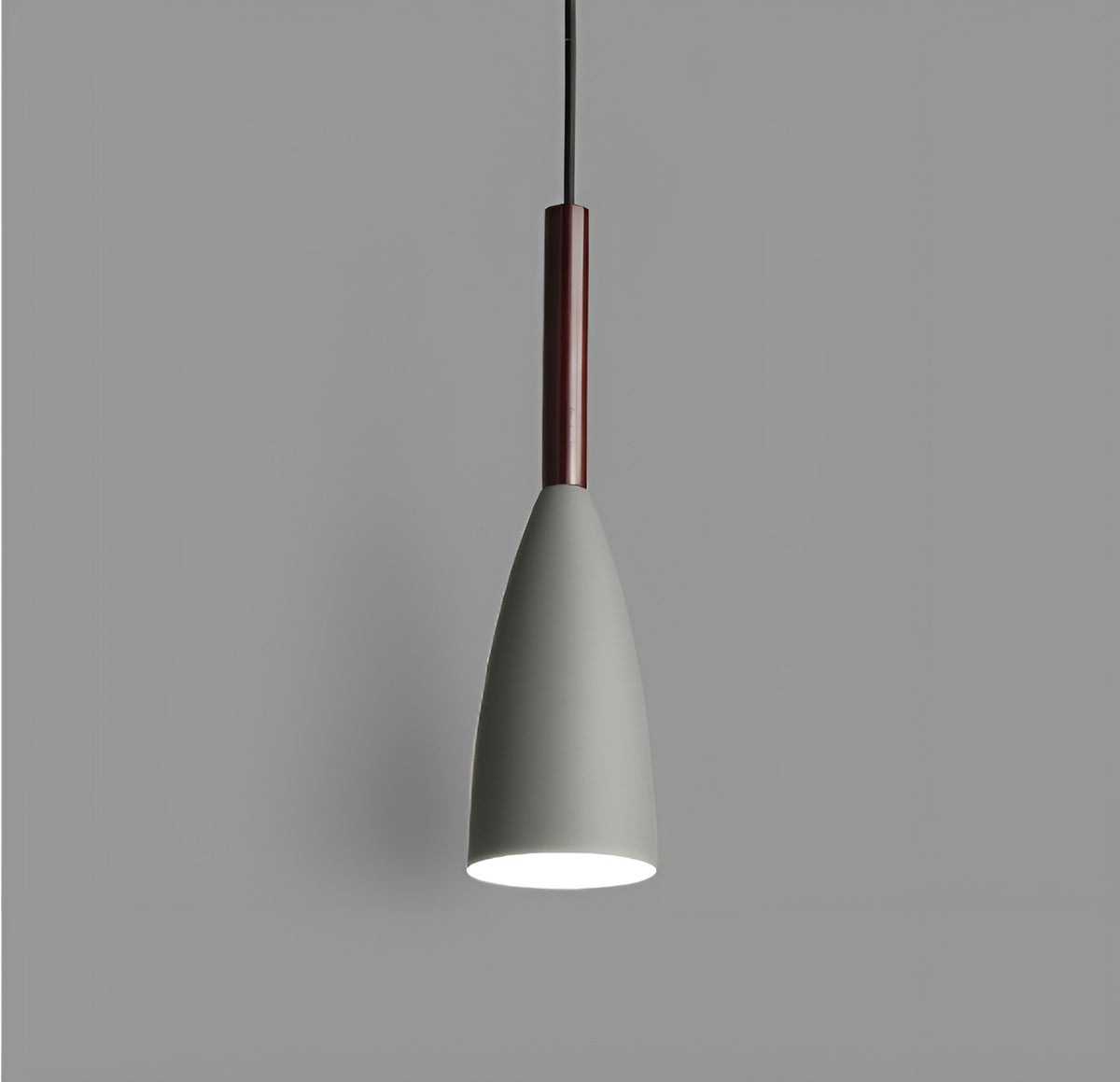 Modern light gray aluminum conical pendant light fixture with dark wood neck accent