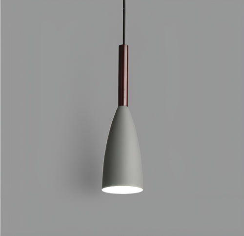 Modern light gray aluminum conical pendant light fixture with dark wood neck accent