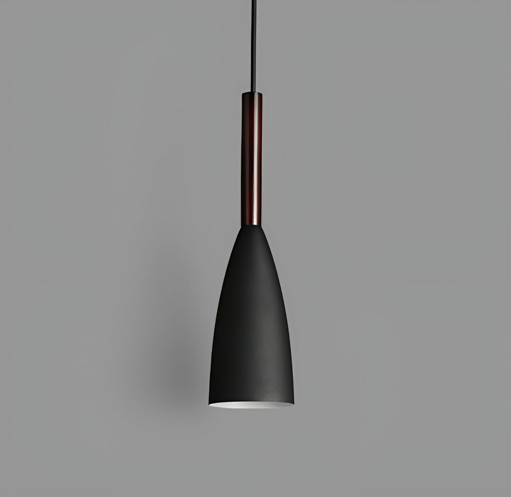 Modern matte black aluminum conical pendant light fixture with dark wood neck accent