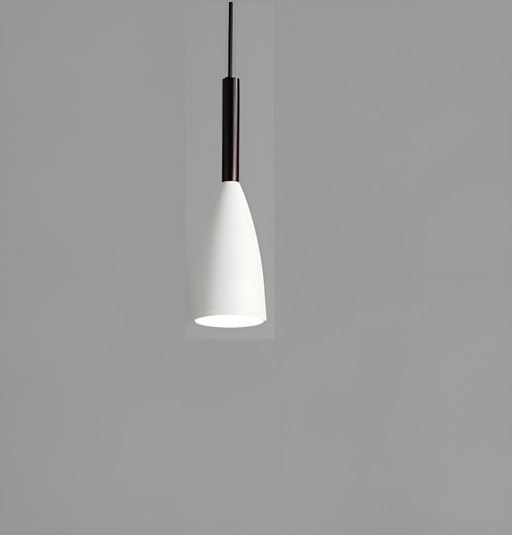 Modern white aluminum conical pendant light fixture with dark wood neck accent