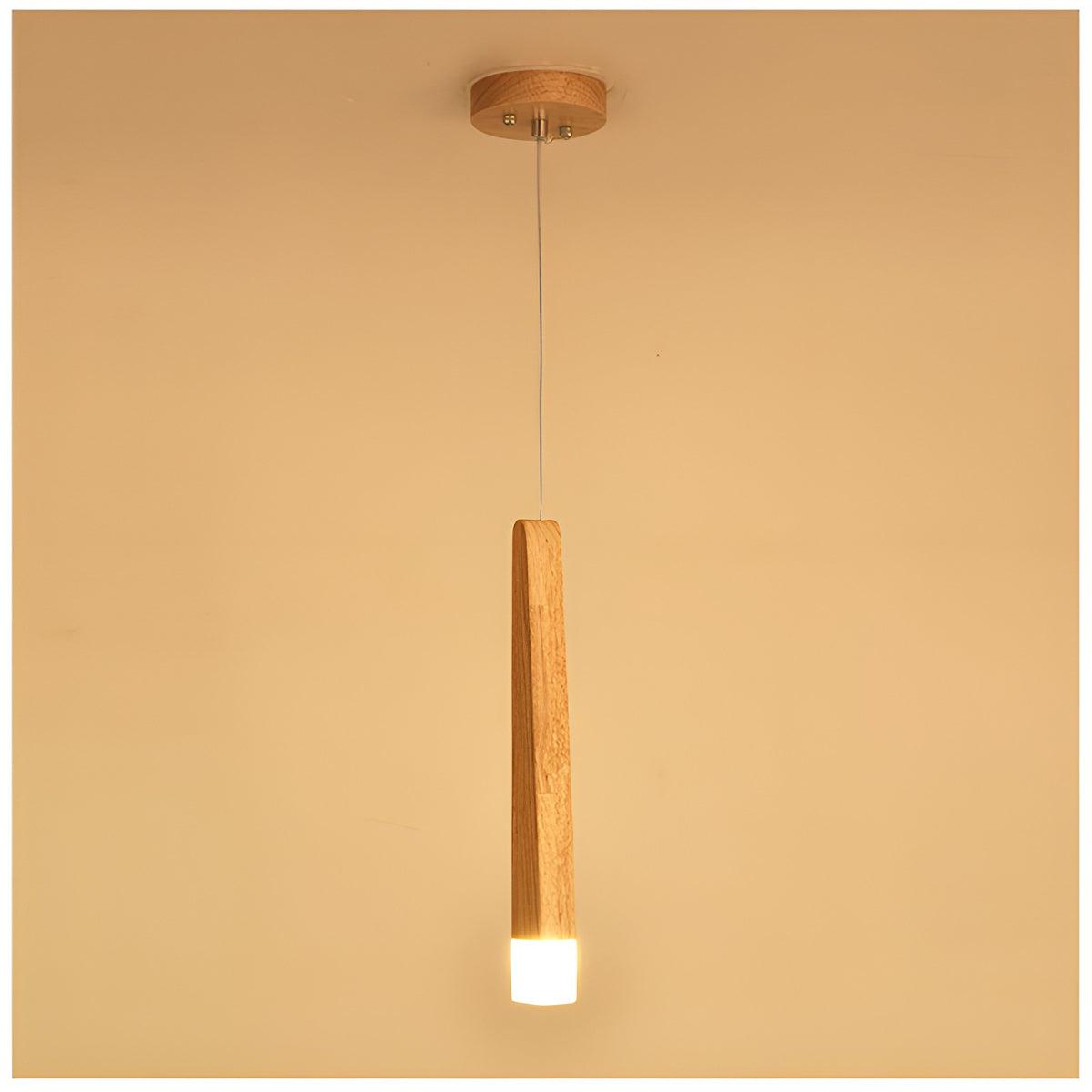 Single Nordic solid ash wood matchstick pendant light glowing with warm light