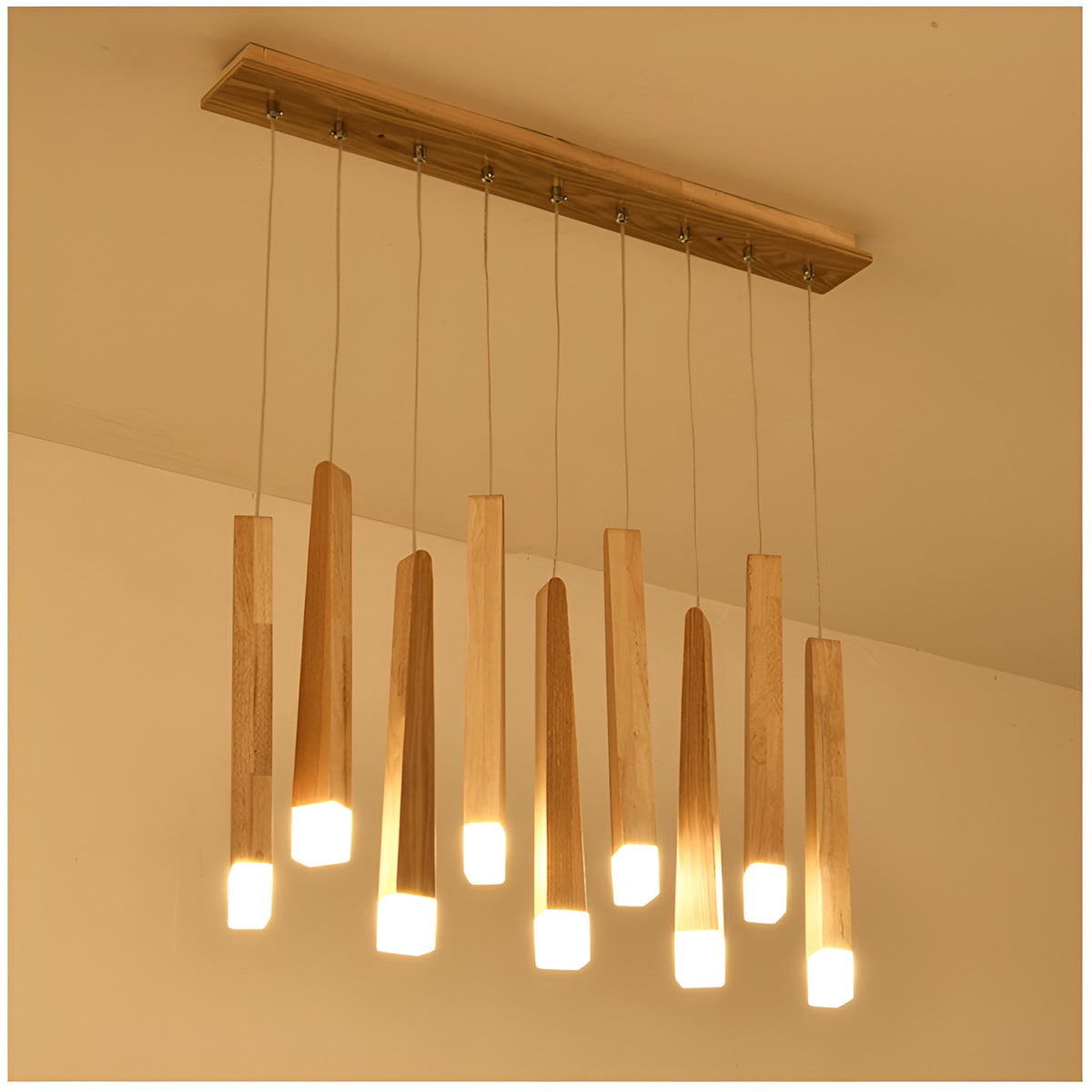 Nordic linear solid ash wood matchstick pendant light cluster with warm ambient illumination
