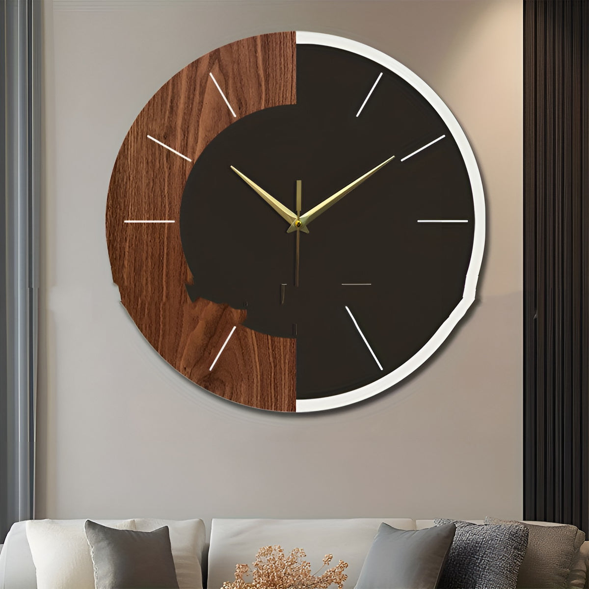 Modern Nordic split-face wooden wall clock with metallic gold hands