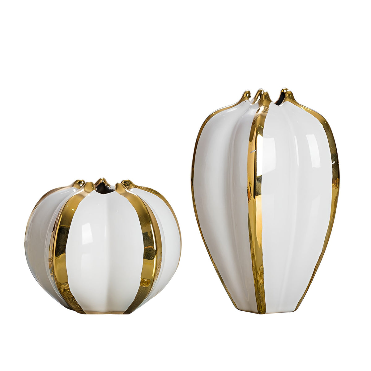 Pair of modern white glazed ceramic vases with gold ribbed accents